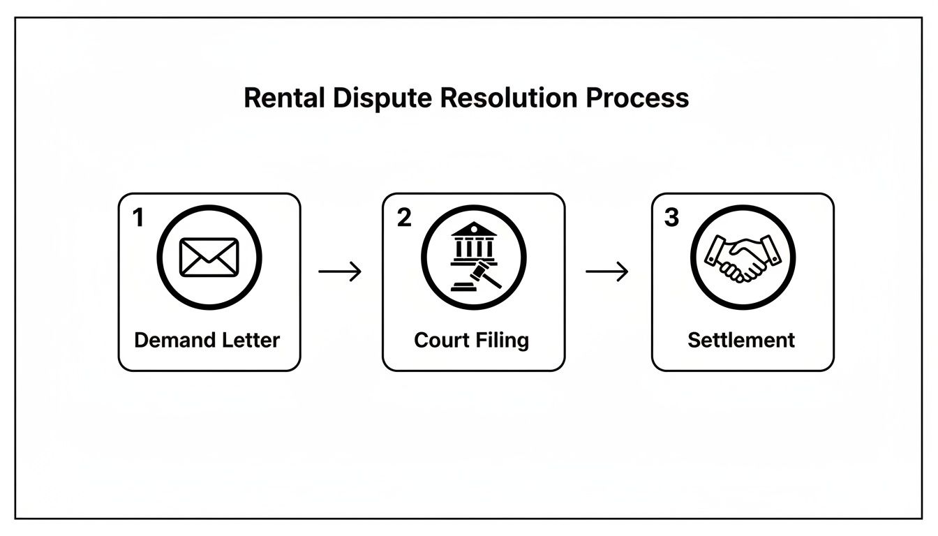 Flowchart outlining the three-step rental dispute resolution process: demand letter, court filing, and settlement.
