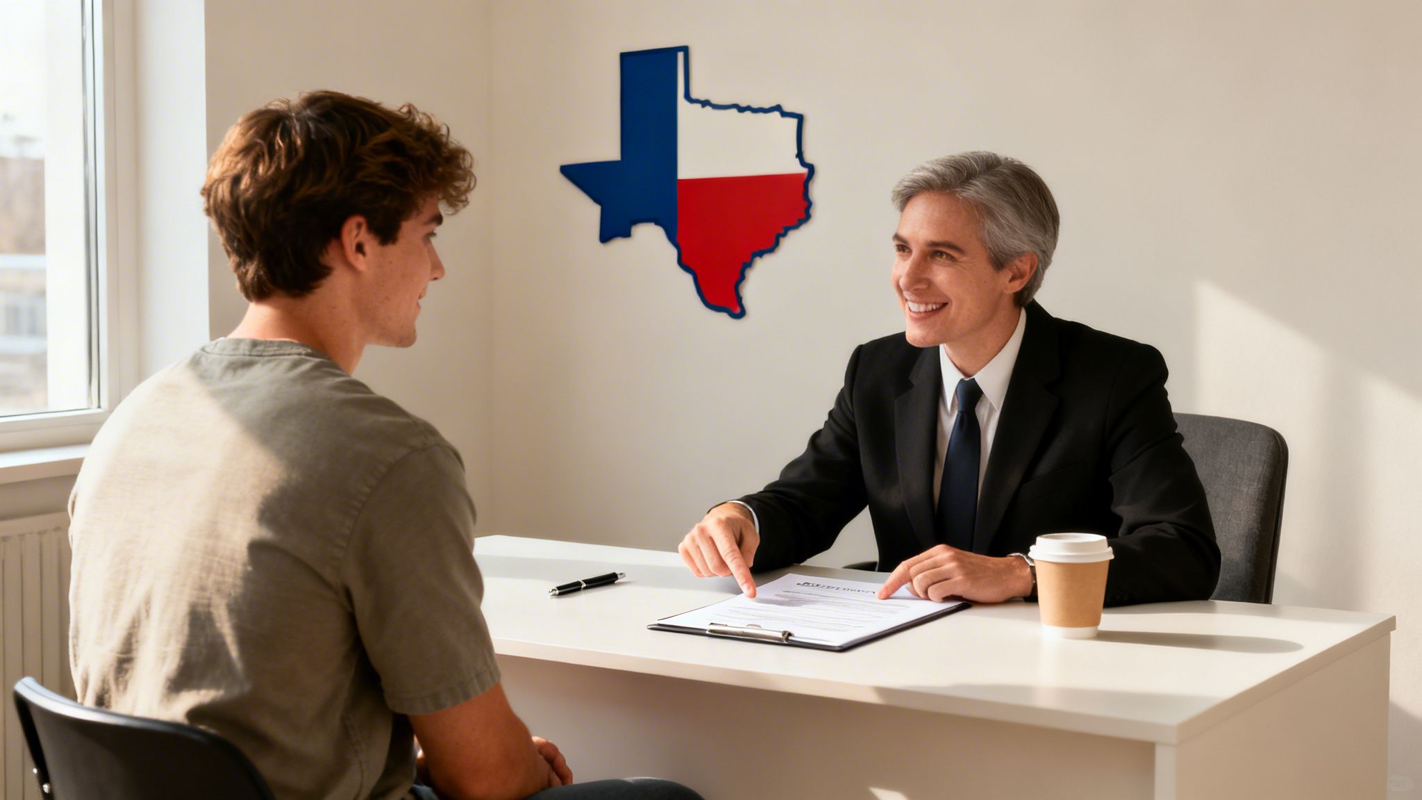 Smiling lawyer in a suit discusses legal documents with a young client, with a Texas map behind them.