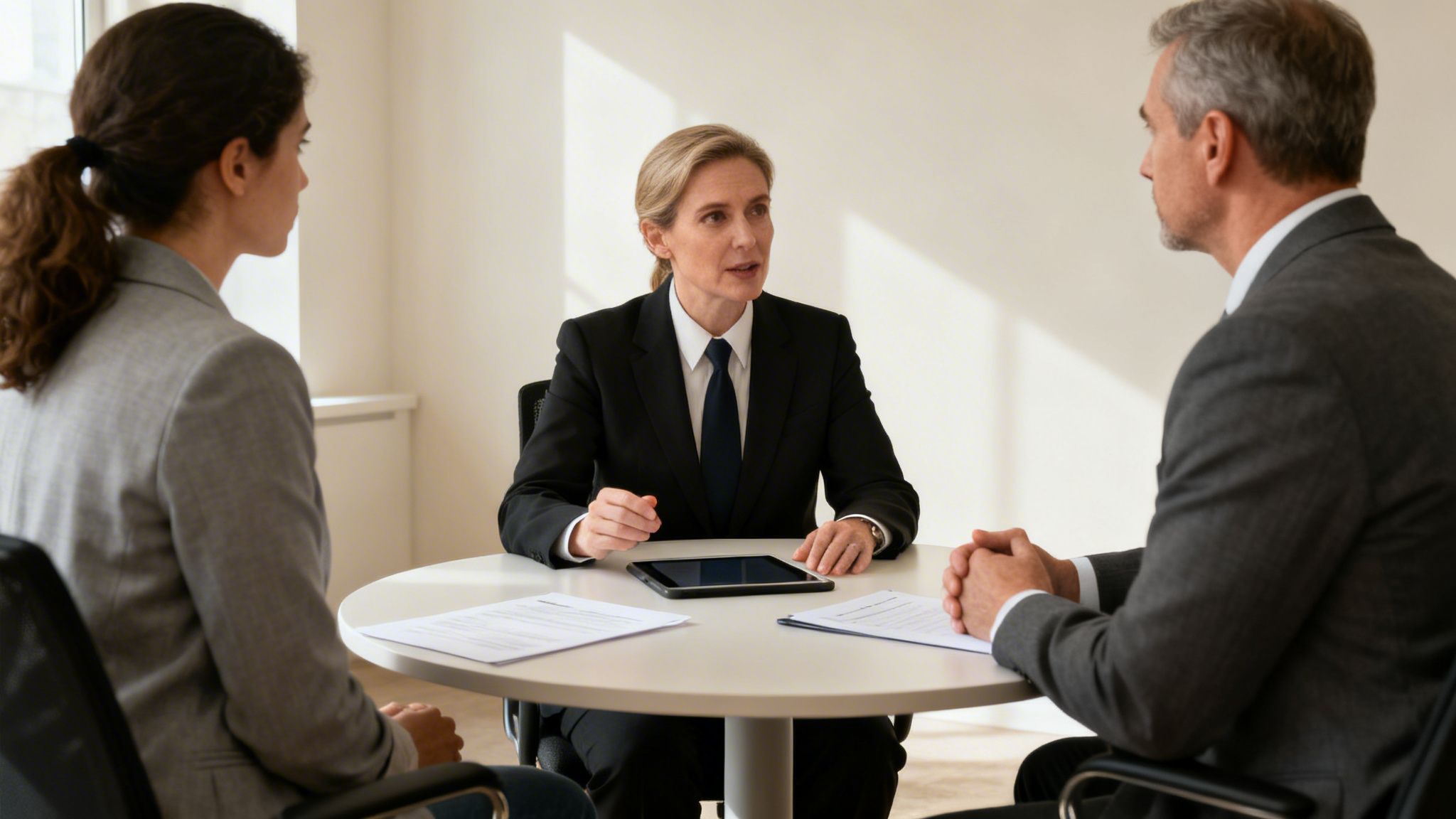 Three professionals, including a lawyer, discussing documents around a table in an office setting.