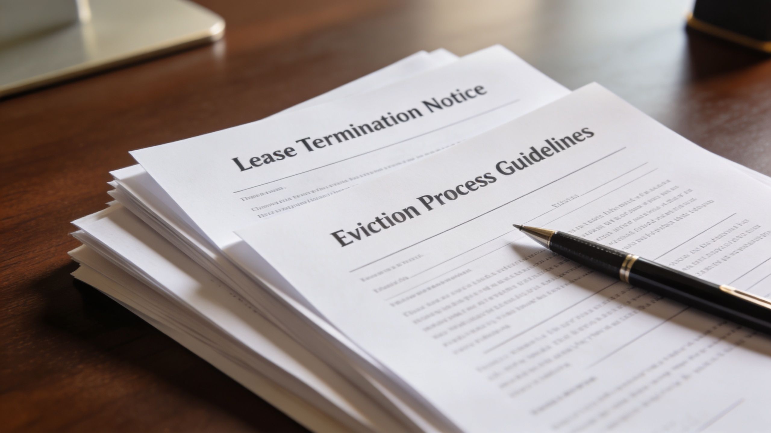 A stack of legal documents titled Lease Termination Notice and Eviction Process Guidelines with a pen nearby.