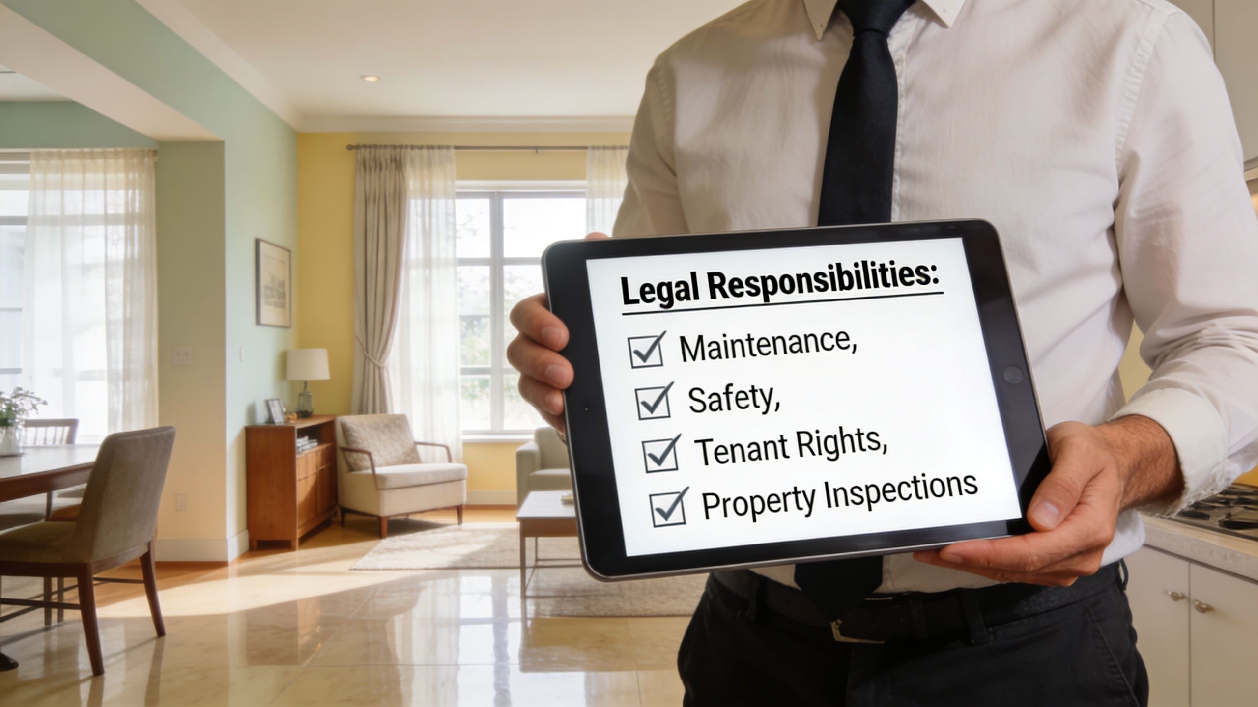 A person in professional attire holding a digital tablet listing legal responsibilities for property owners and tenants.