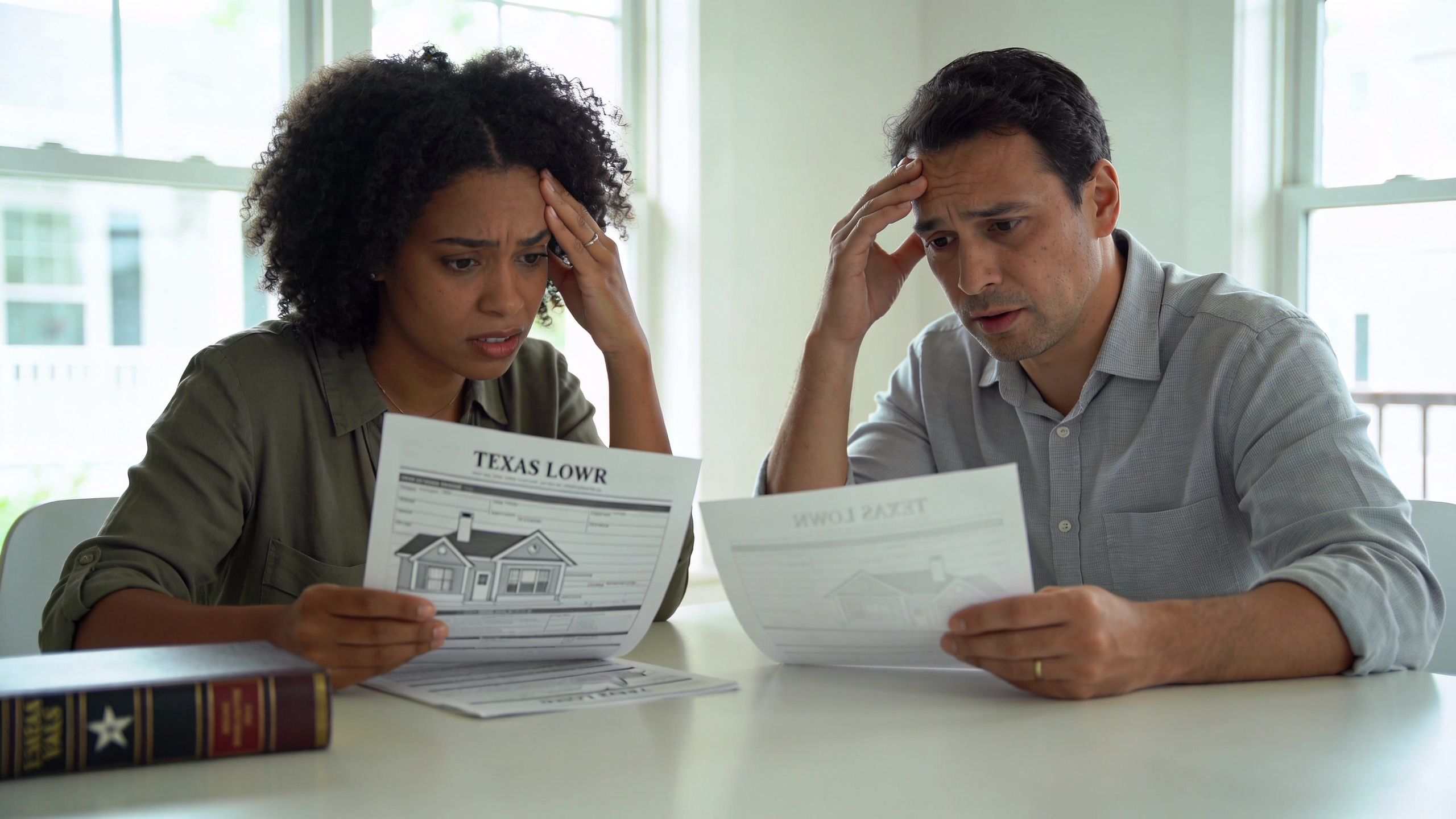 A worried couple reviews legal documents about their home while sitting at a table with a book.