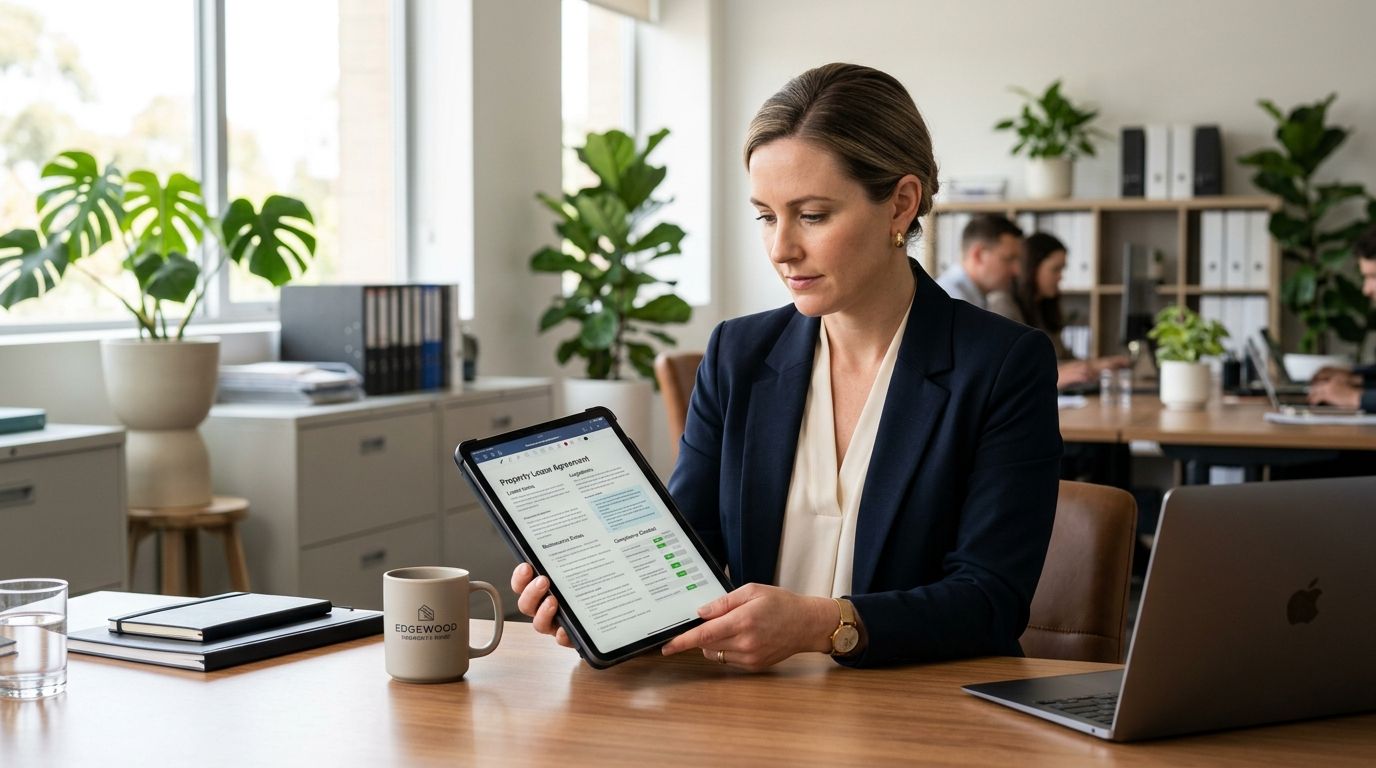 A professional woman in a suit reviewing a property loan agreement on a tablet in an office.