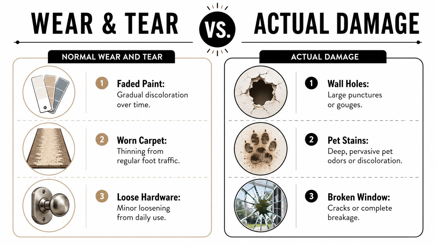 A comparison chart showing examples of normal wear and tear versus actual property damage in a rental home.