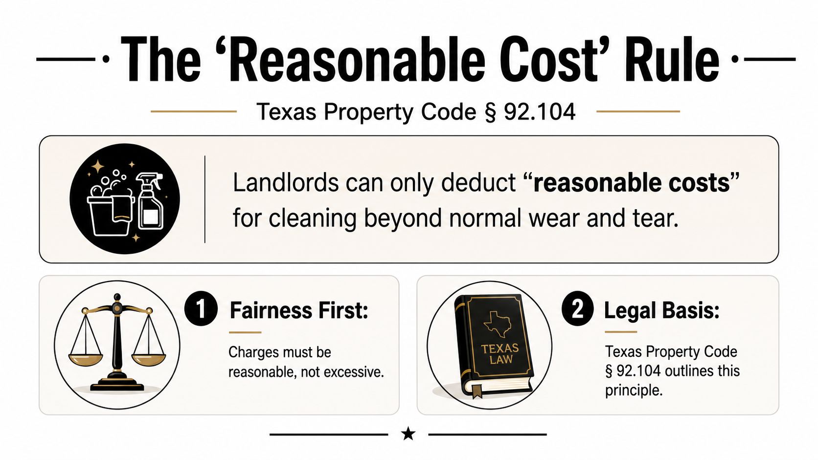 An infographic explaining the Texas Property Code rule that landlords can only charge reasonable cleaning costs.