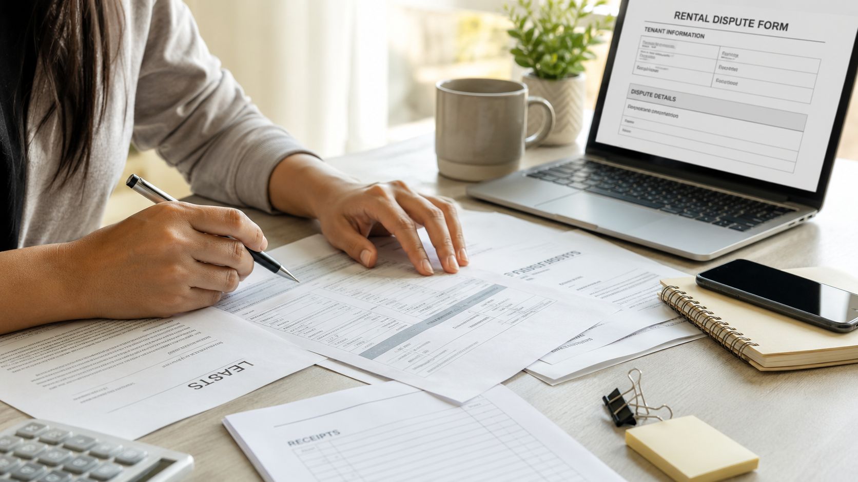A person reviewing rental documents and a dispute form while working at an organized desk.