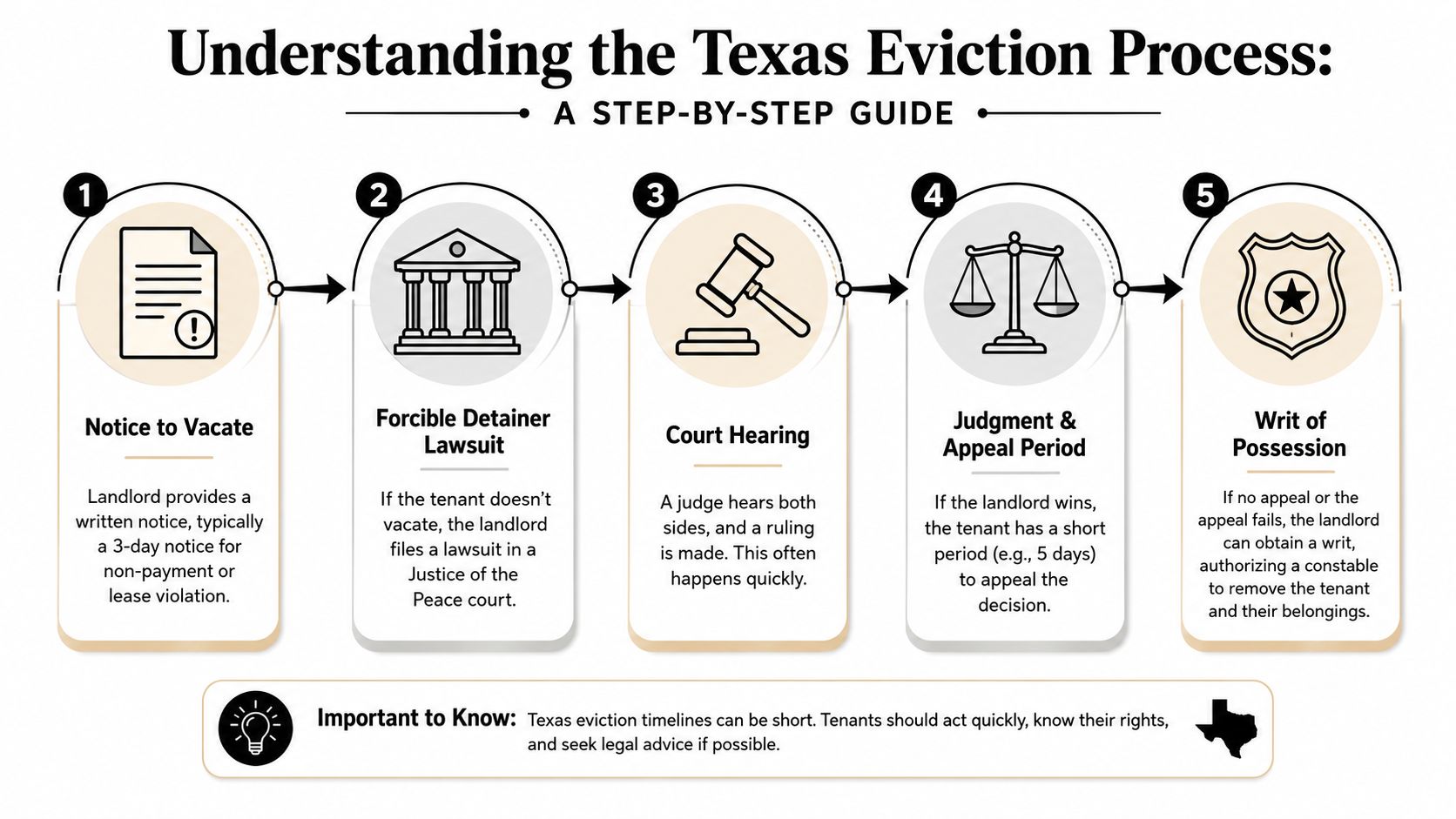 An infographic showing the five-step Texas eviction process from notice to vacate to writ of possession.