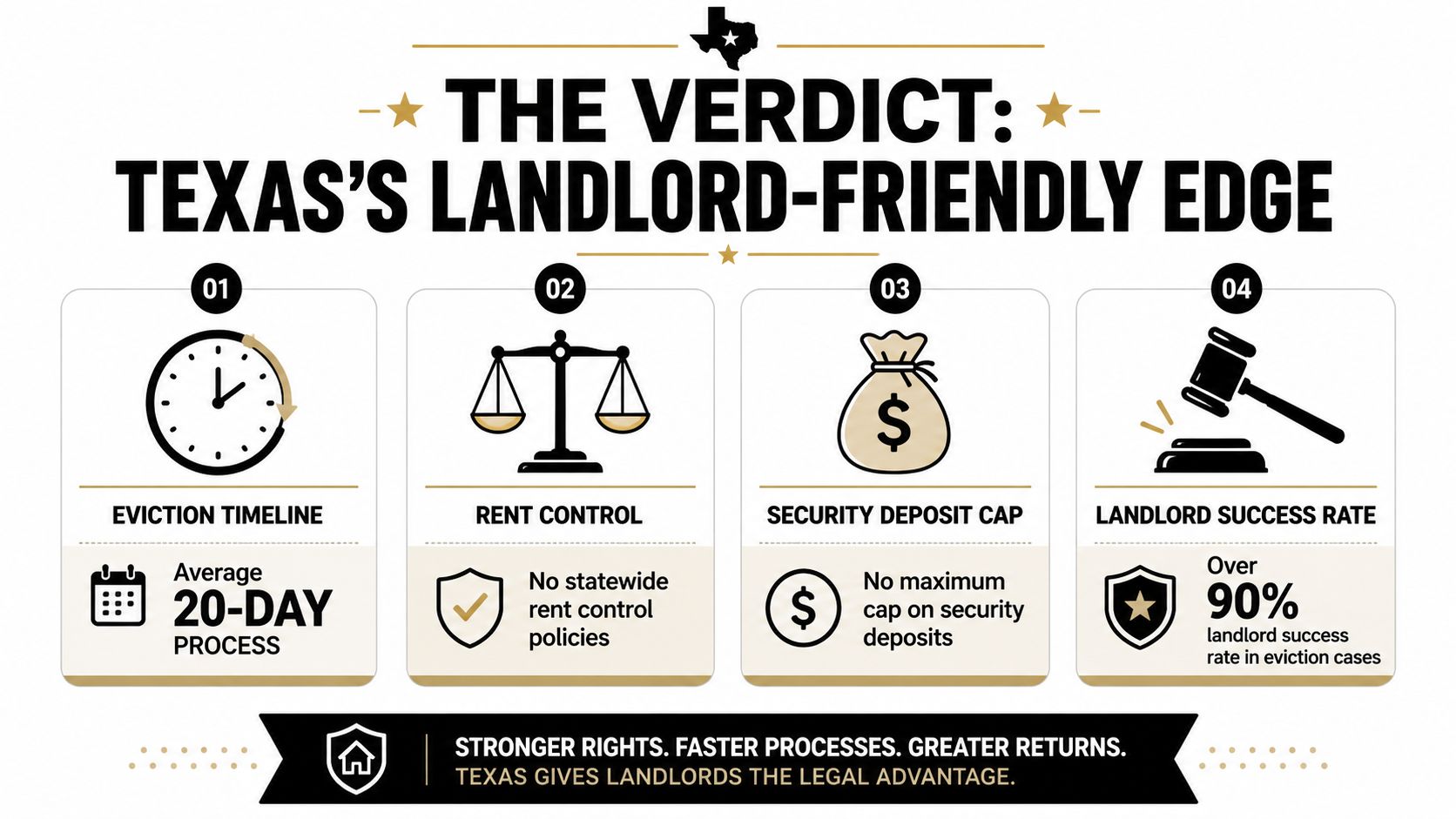 An infographic titled The Verdict: Texas's Landlord-Friendly Edge detailing benefits for property owners in Texas.