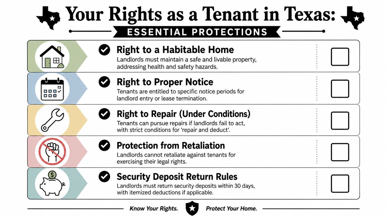 An informative infographic outlining five essential legal rights for tenants living in the state of Texas.