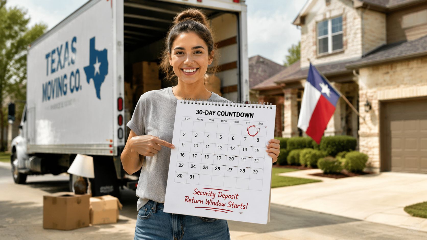 A smiling woman holding a calendar marked for a 30-day countdown near a moving truck in Texas.