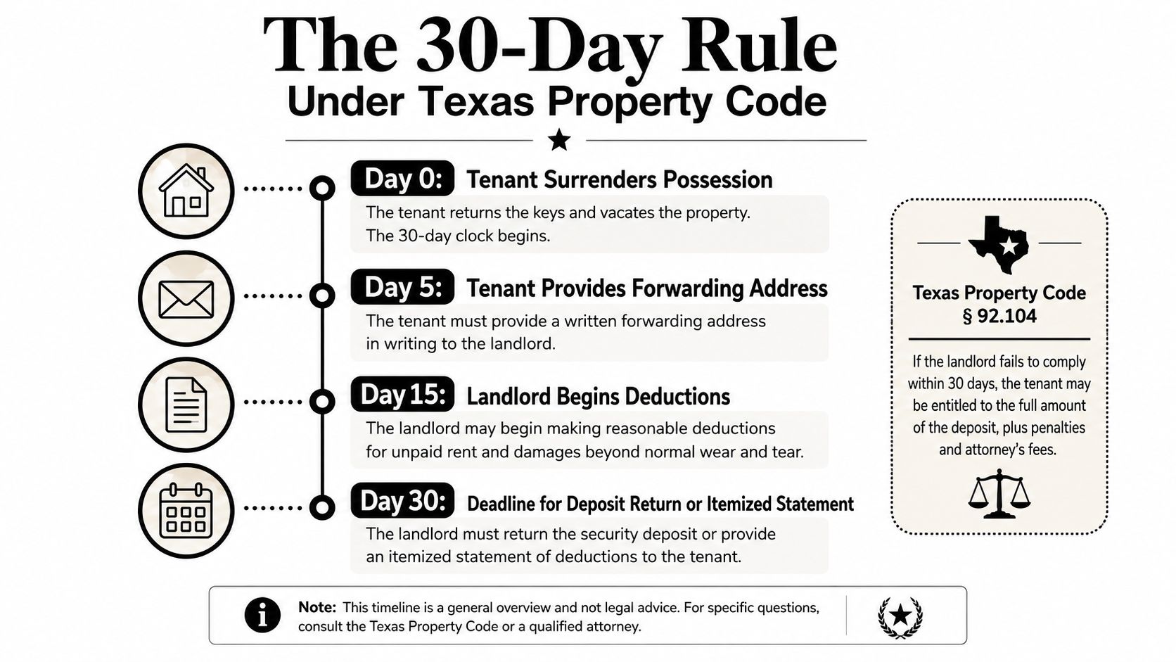 A timeline graphic explaining the 30-day rule for security deposit returns under Texas Property Code.