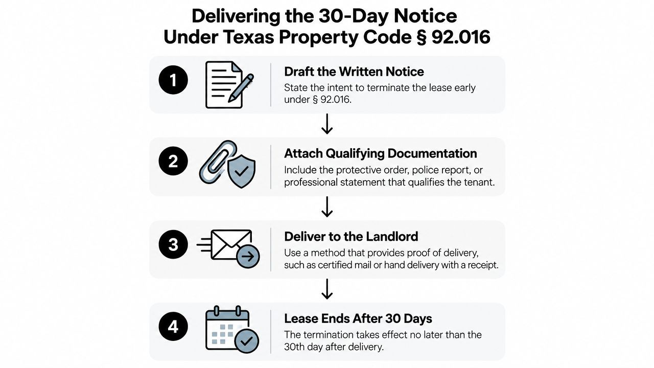 A four-step infographic illustrating the process for delivering a 30-day lease termination notice under Texas law.