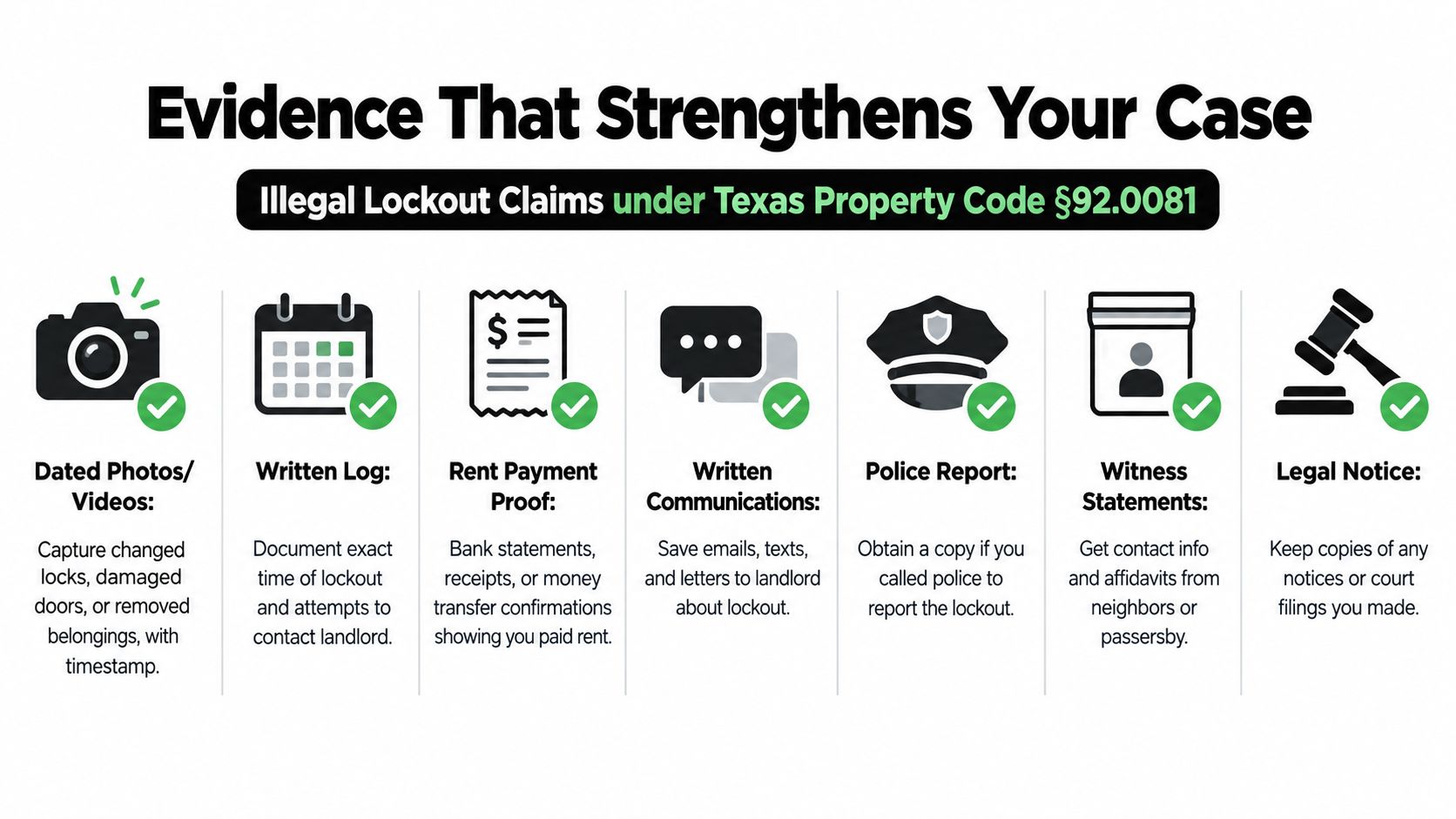 A checklist infographic outlining necessary evidence to support an illegal lockout claim under Texas law.