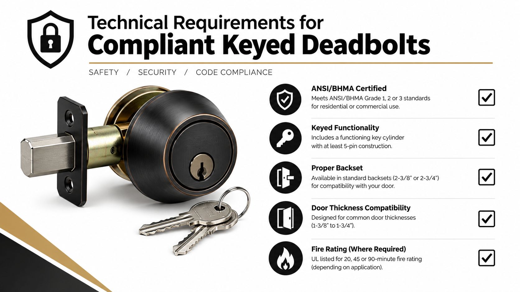 A technical infographic outlining essential safety and security requirements for compliant keyed deadbolt door locks.