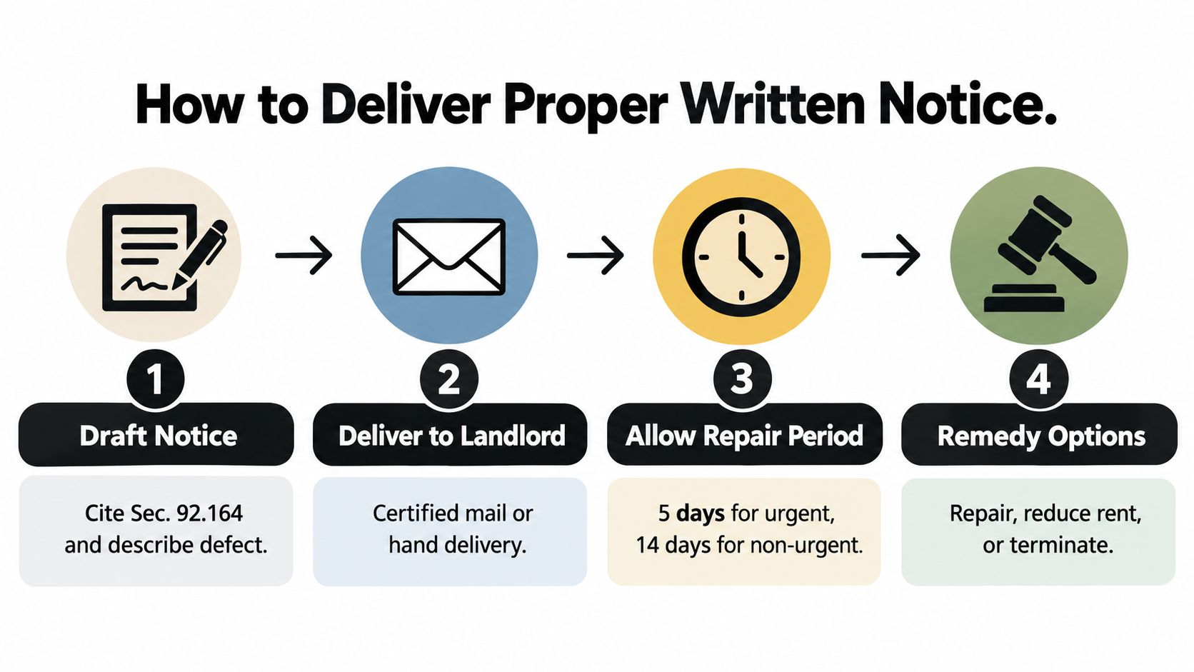 A flowchart showing four steps to deliver a written repair notice to a landlord in Texas.