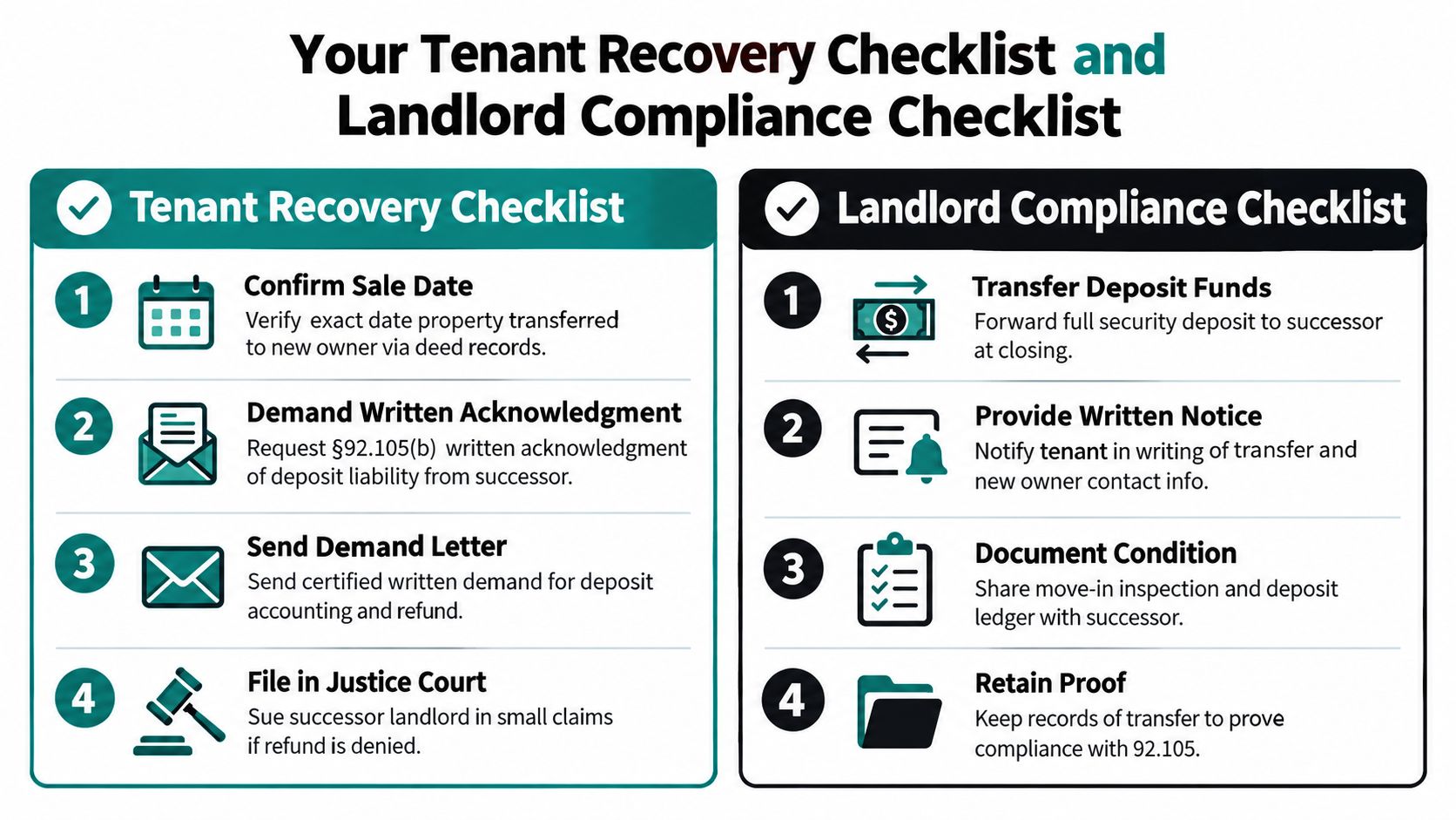 An infographic titled Tenant Recovery and Landlord Compliance Checklists for managing security deposits during property ownership changes.