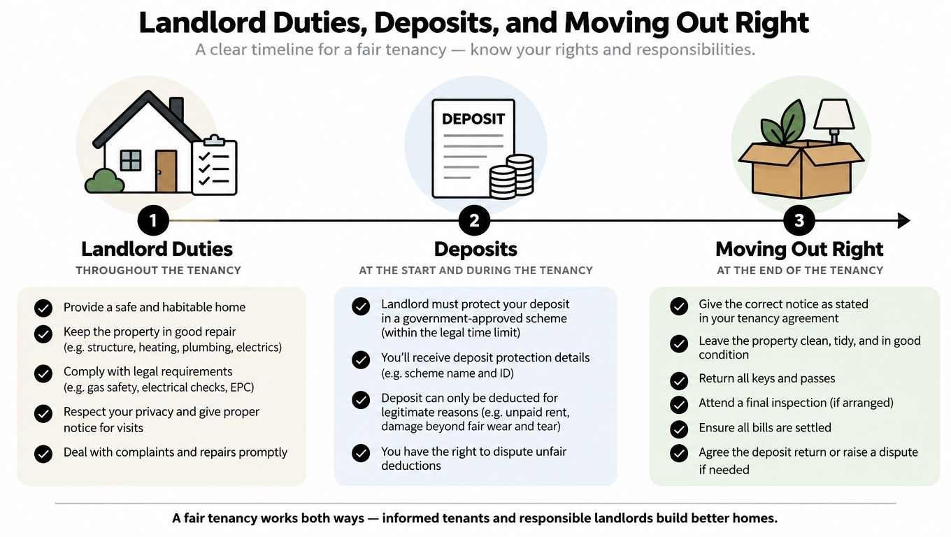 A timeline graphic outlining landlord responsibilities, deposit protection rules, and steps for tenants moving out properly.