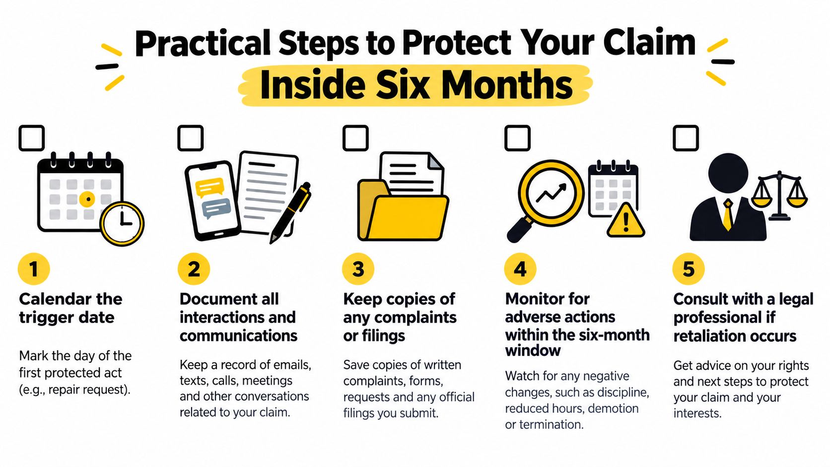 An infographic showing five practical steps to protect your legal claim within a six-month period.