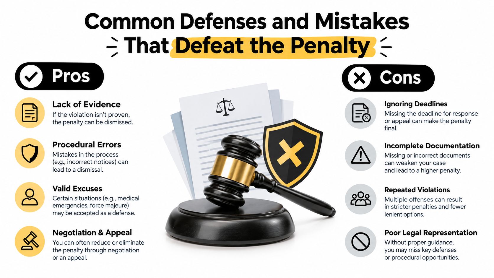 A visual infographic titled Common Defenses and Mistakes That Defeat the Penalty, listing pros and cons for legal defense.