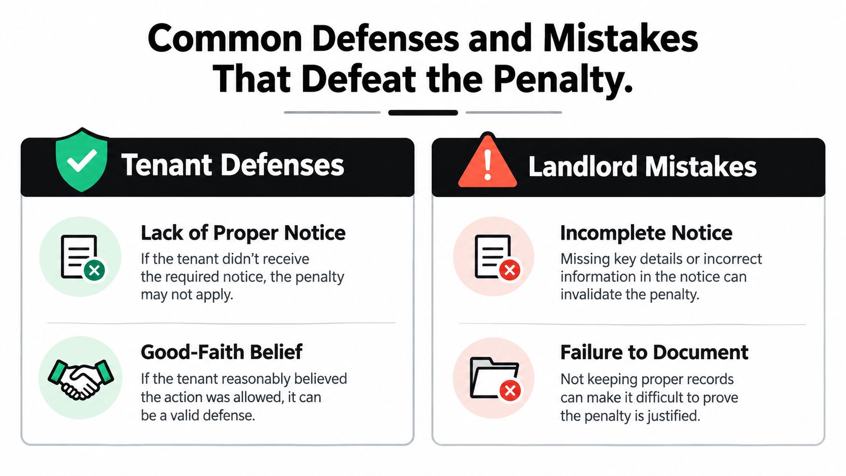 A visual guide outlining tenant defenses and landlord mistakes that can invalidate rental lease penalties.