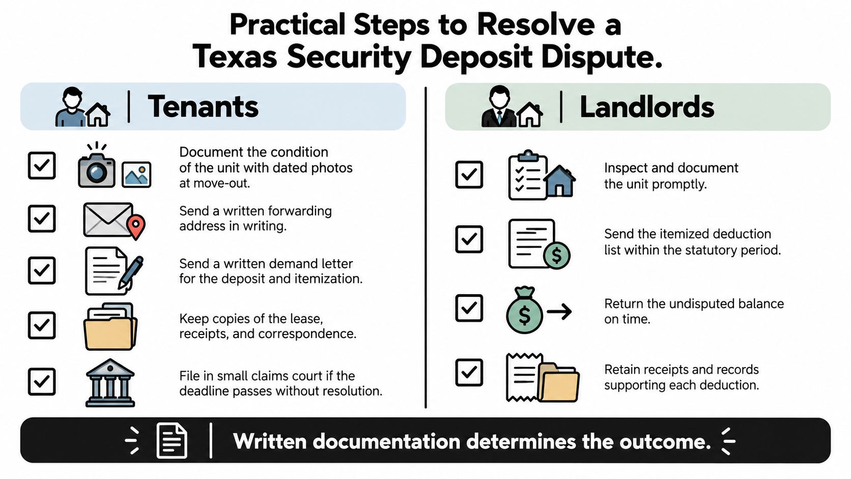 An infographic showing practical steps for tenants and landlords to resolve Texas security deposit disputes.