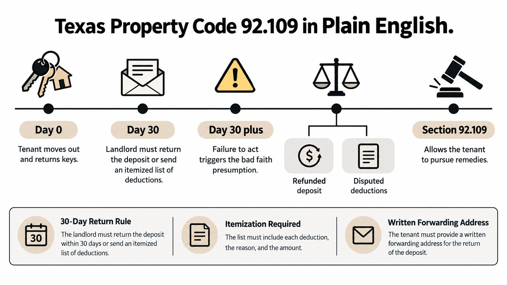 An infographic timeline explaining Texas Property Code 92.109 regarding security deposit returns and landlord requirements.