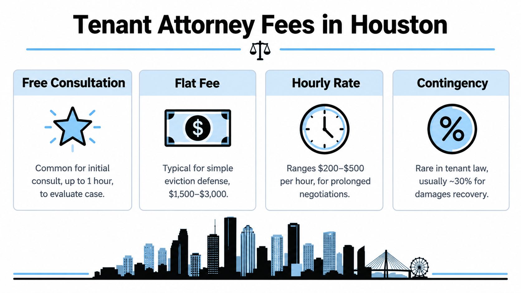 An infographic showing various attorney fee structures for tenant representation in Houston, including consultations, flat fees, hourly rates, and contingency.