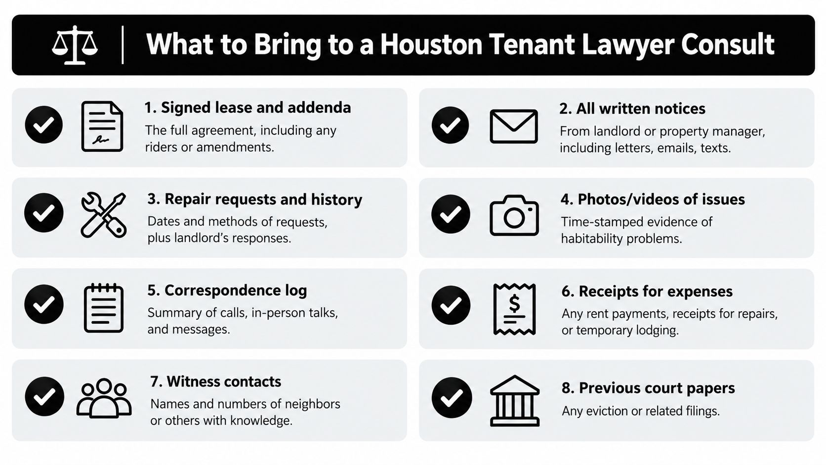 A checklist infographic outlining essential documents and evidence to bring to a Houston tenant lawyer consultation.