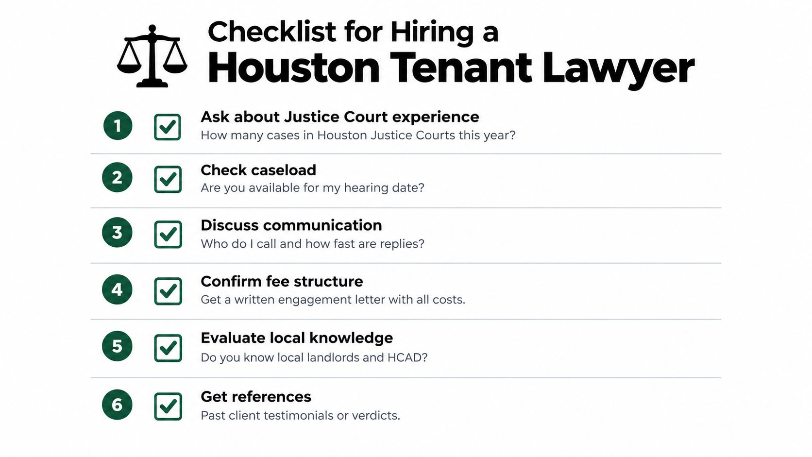 A checklist for hiring a tenant lawyer in Houston, outlining six key steps for legal selection.