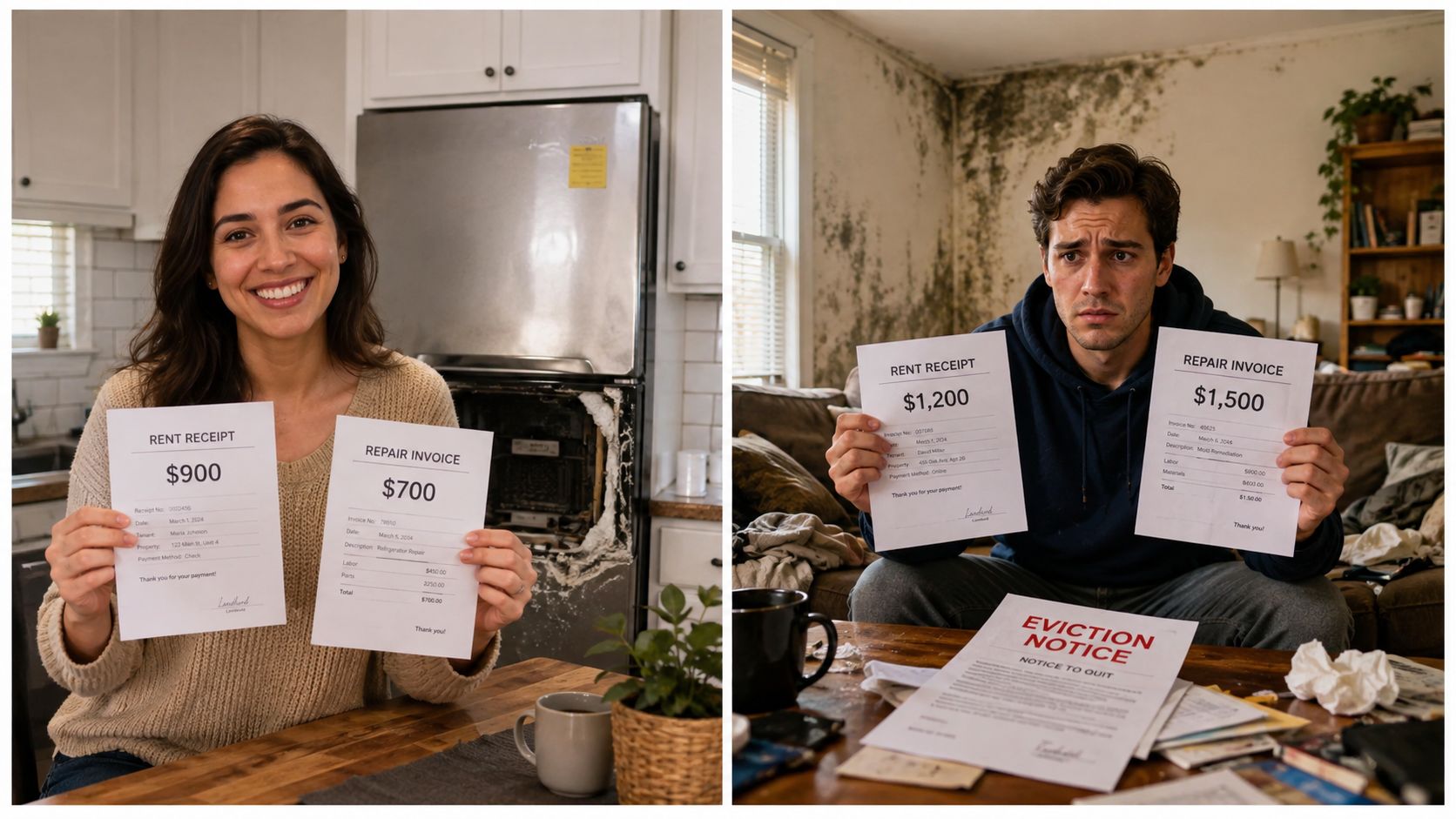 A side-by-side comparison of a tenant showing repair receipts versus a tenant receiving an eviction notice.