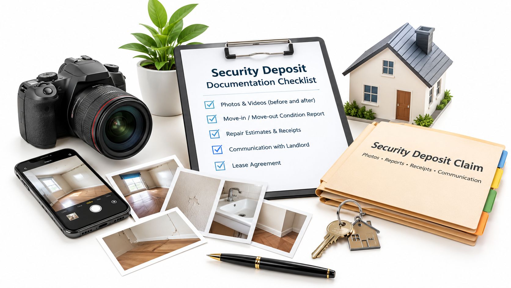 A flatlay showing a security deposit checklist, camera, phone, house model, and files to claim damages.