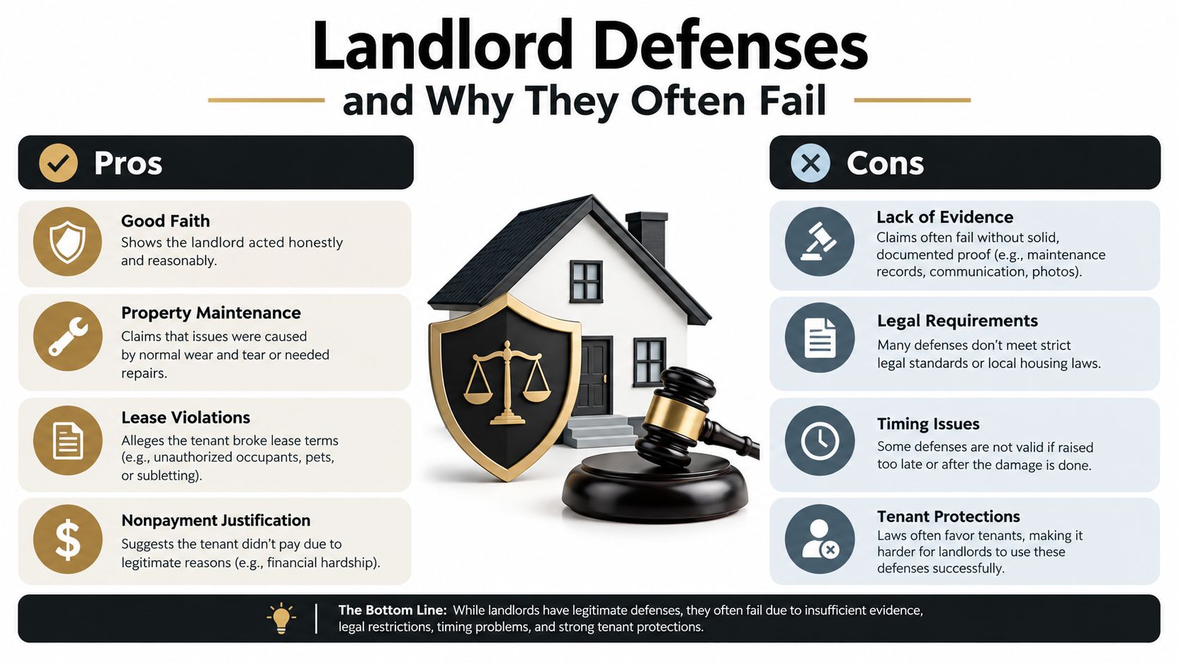 An infographic titled Landlord Defenses and Why They Often Fail, illustrating pros and cons of legal disputes.