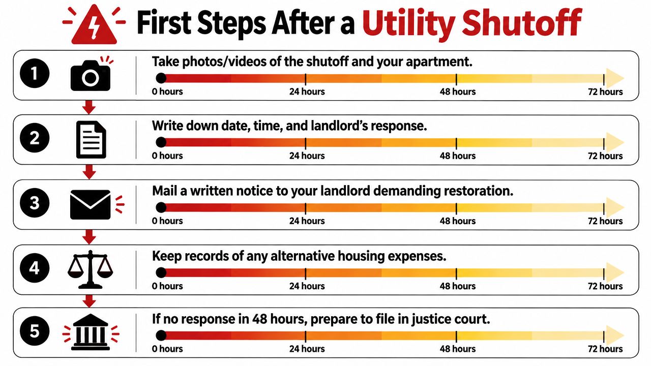 A five-step instructional guide on the actions tenants should take after a landlord utility shutoff.