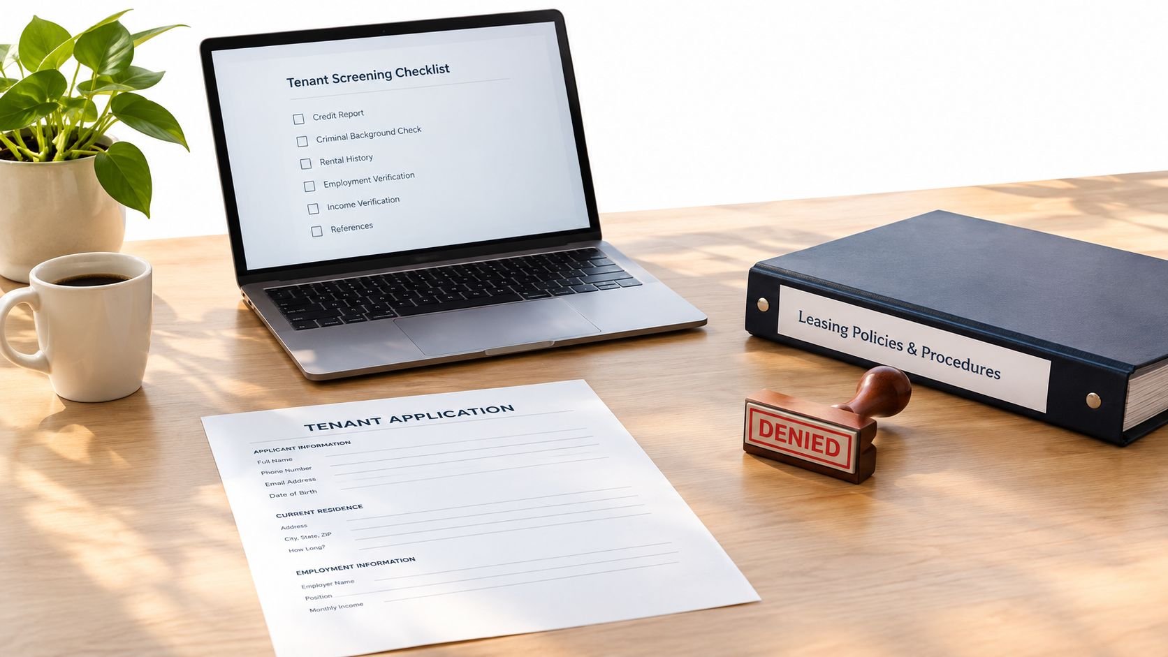 A laptop showing a tenant screening checklist, a lease document, and a stamp reading denied on a desk.