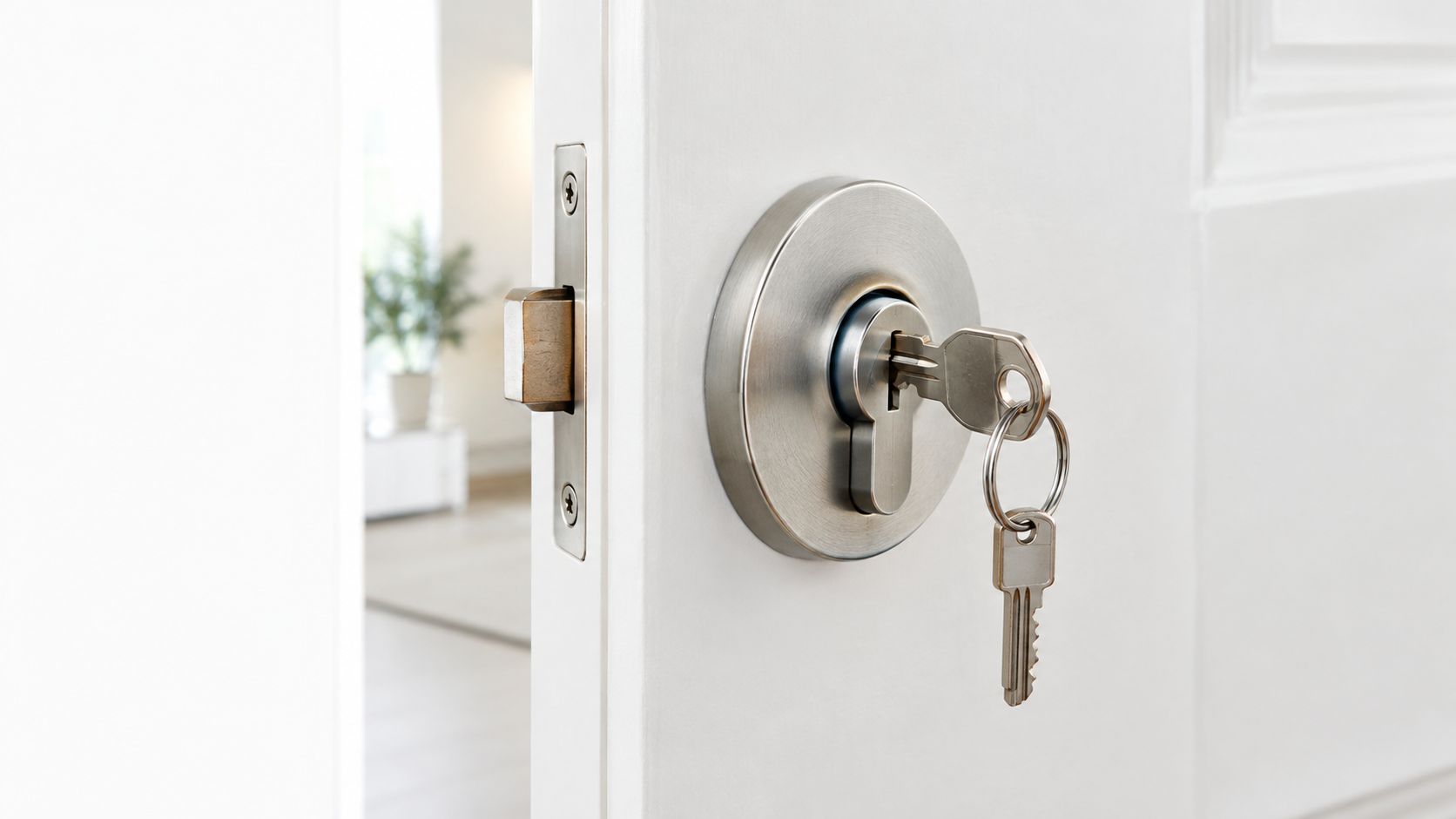 A close-up view of a metal door lock with keys hanging from the cylinder on a white door.