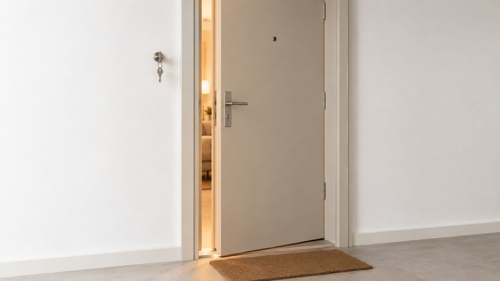An open door to an apartment hallway with a set of keys left in the wall next door.