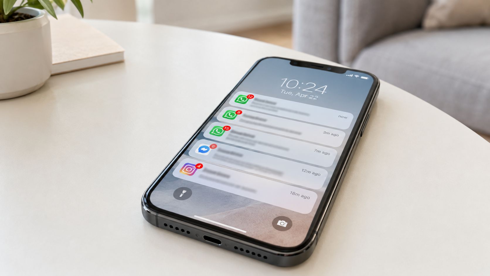 A smartphone resting on a white table displaying multiple social media notifications on its lock screen.