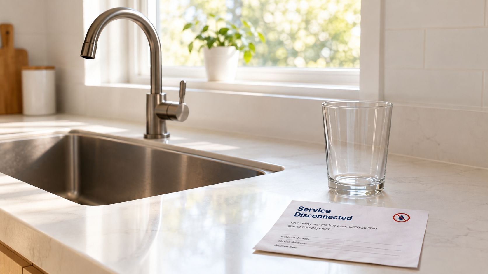 A utility disconnection notice placed on a kitchen counter next to an empty water glass.