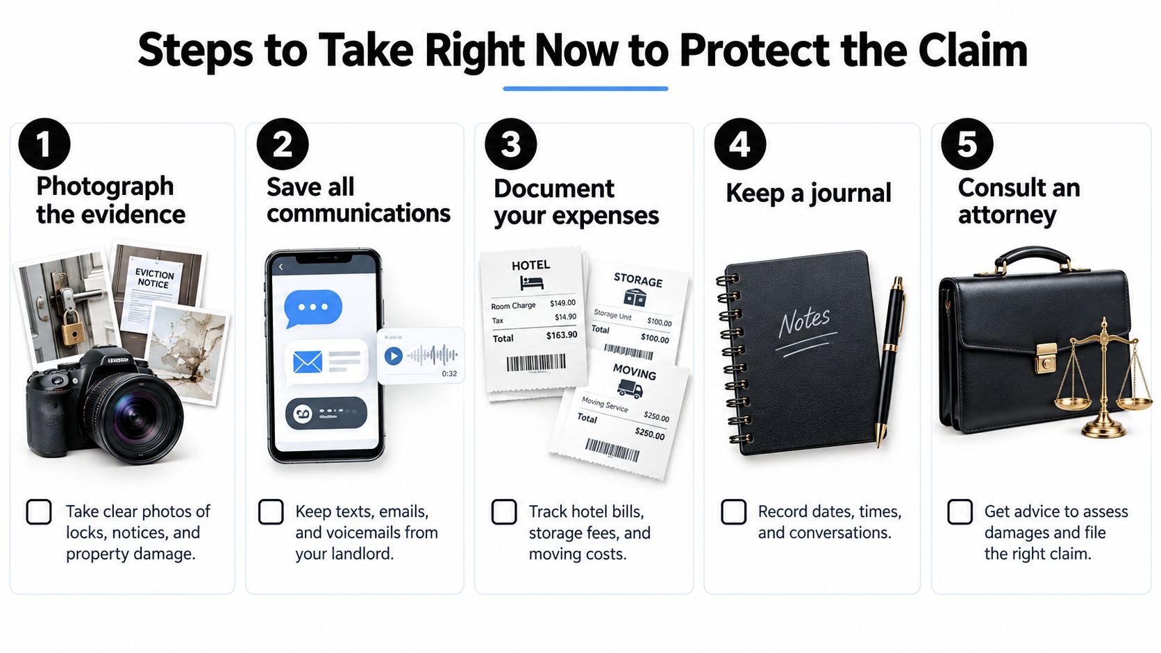 A five-step guide on how to document and protect a wrongful eviction claim against a landlord.