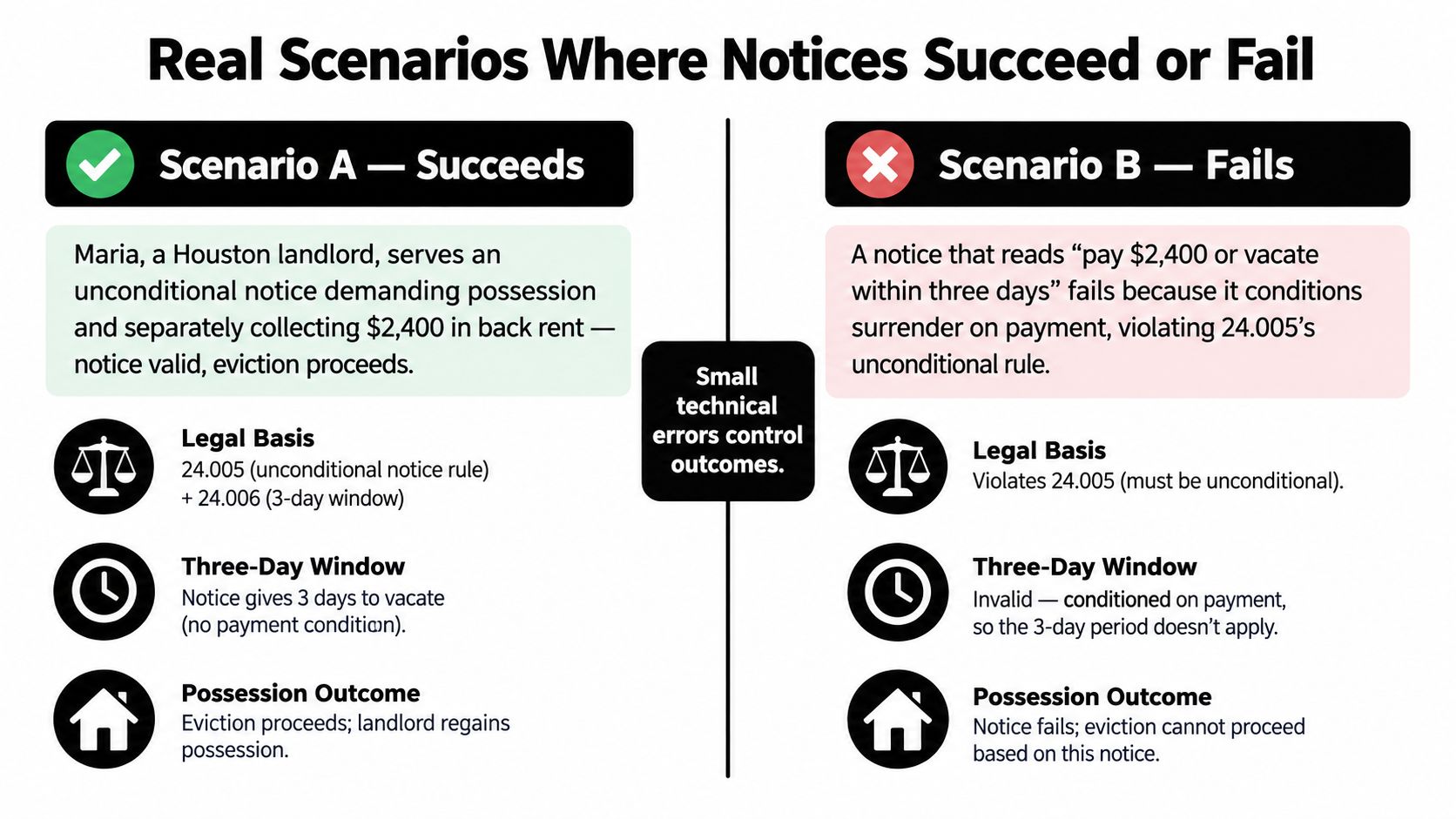 A comparison chart showing how legal technicalities affect eviction notice success in Texas under rule 24.005.