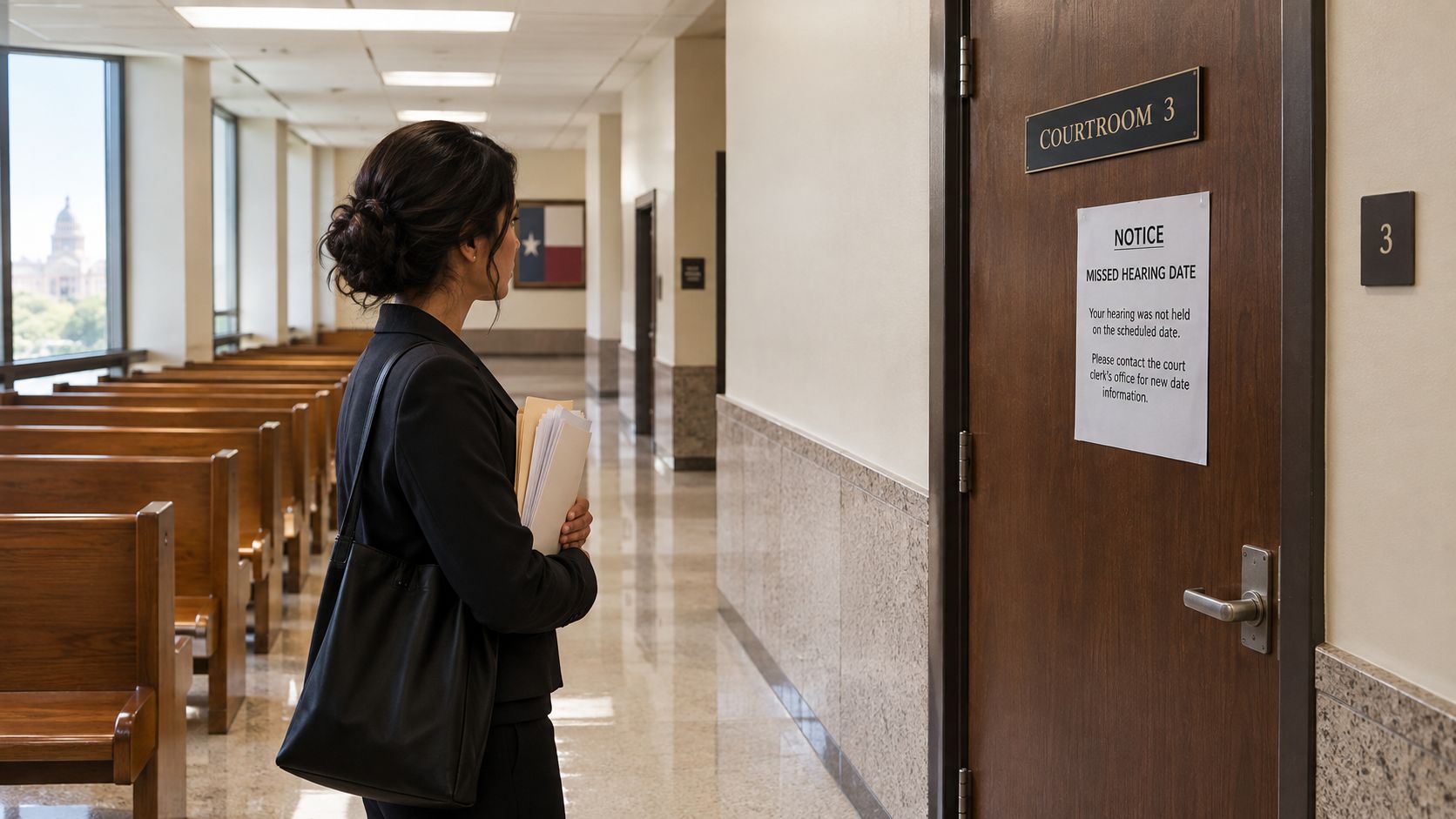 A professional woman holding legal documents standing outside a closed courtroom door with a missed hearing notice.