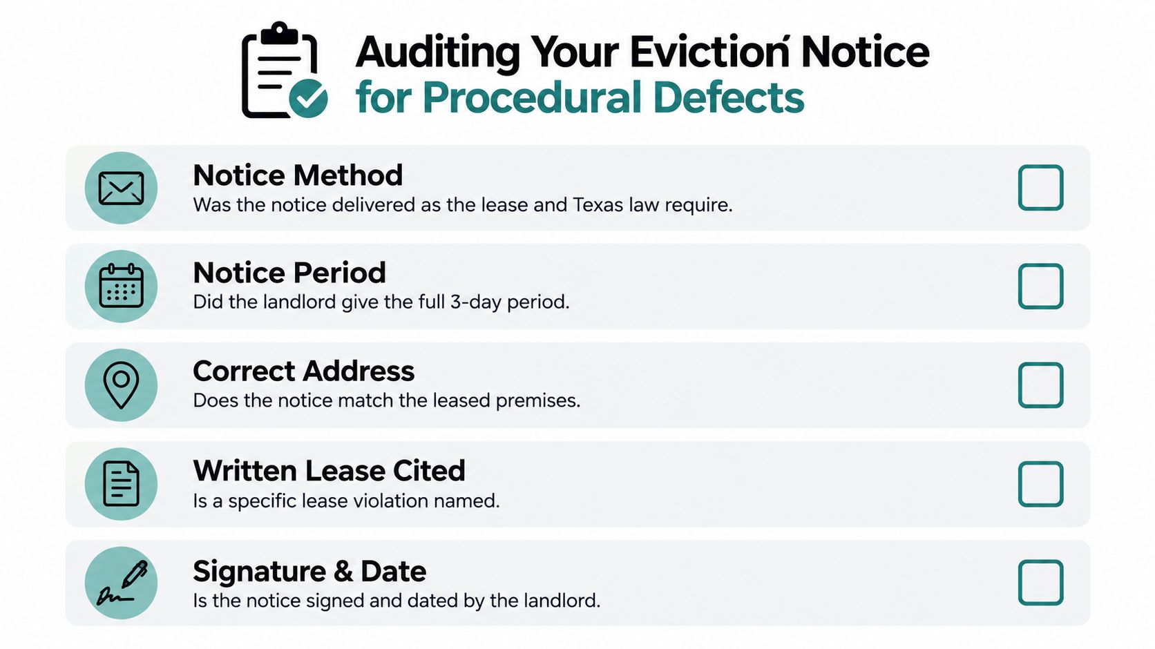 A checklist for auditing eviction notices for procedural defects, outlining key legal requirements for Texas renters.