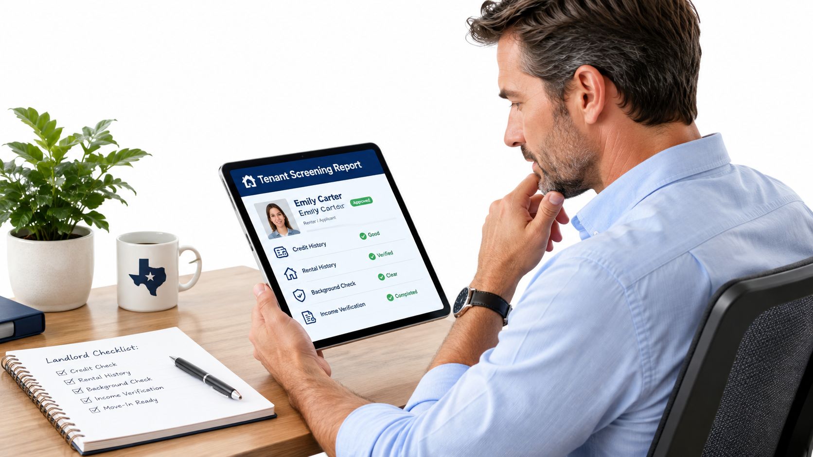A landlord reviewing a digital tenant screening report for a potential renter on a tablet computer.