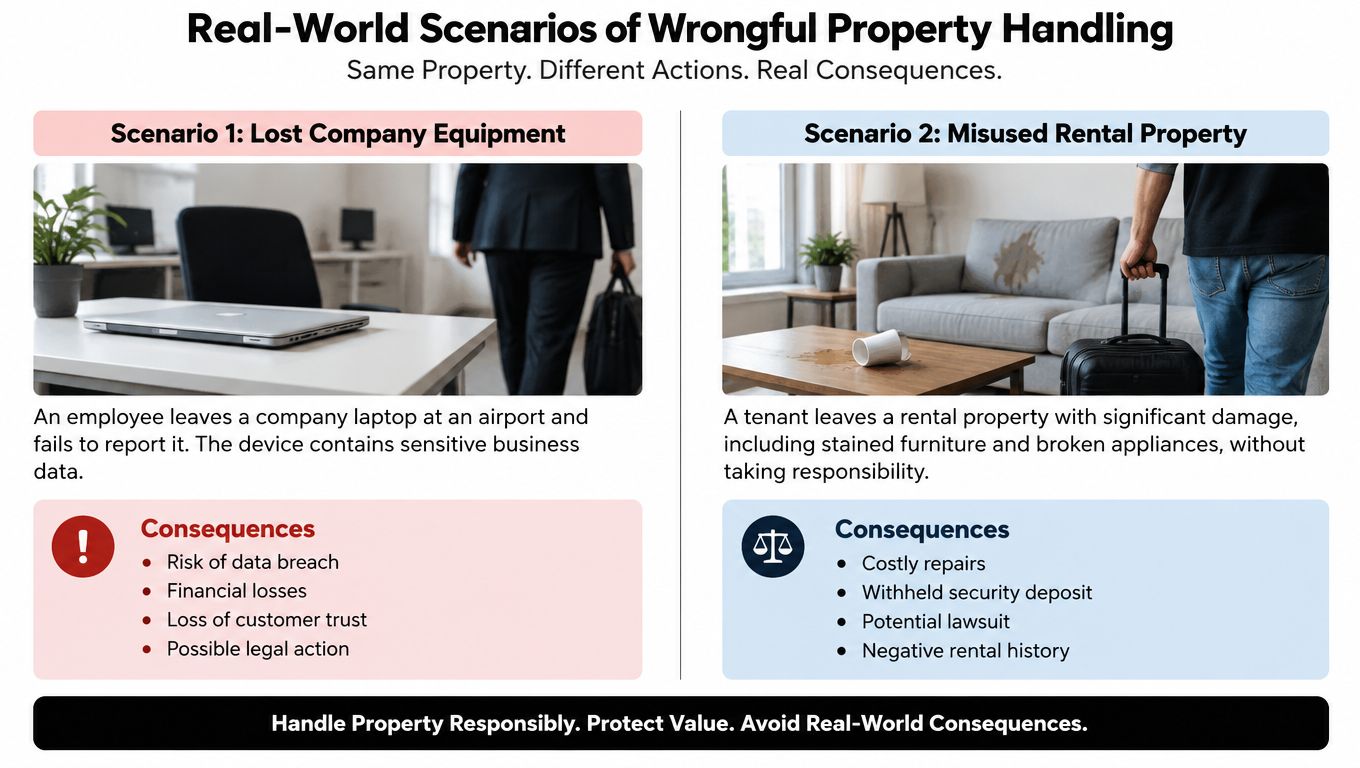 An infographic showing two real-world scenarios of wrongful property handling, their specific consequences, and advice on responsibility.